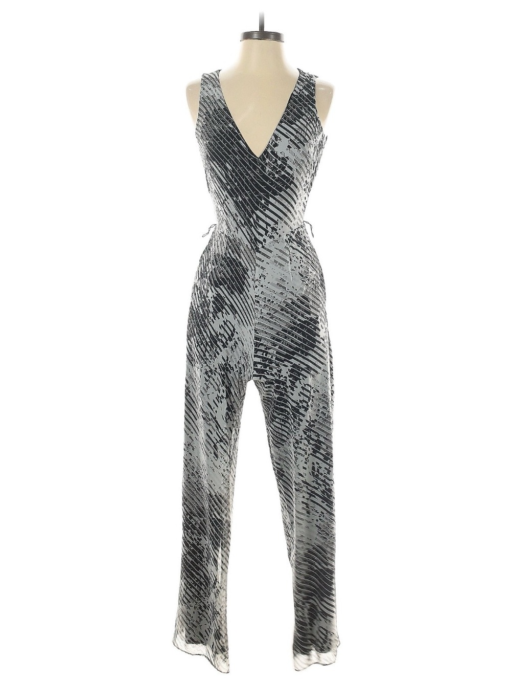 White House Black Market Black & Gray Sleeveless V-Neck Printed Jumpsuit